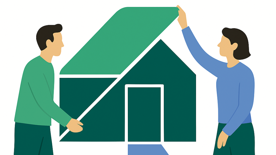 Illustratie van twee mensen die een miniatuurwoning verbouwen